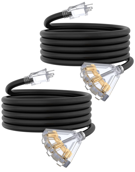 15Ft 12 Gauge Outdoor Extension Cord with 3-Outlets, 2 Pack, Heavy Duty 3 Prong Extension Cord Waterproof with Lighted end, 15A SJTW, ETL Listed, Black