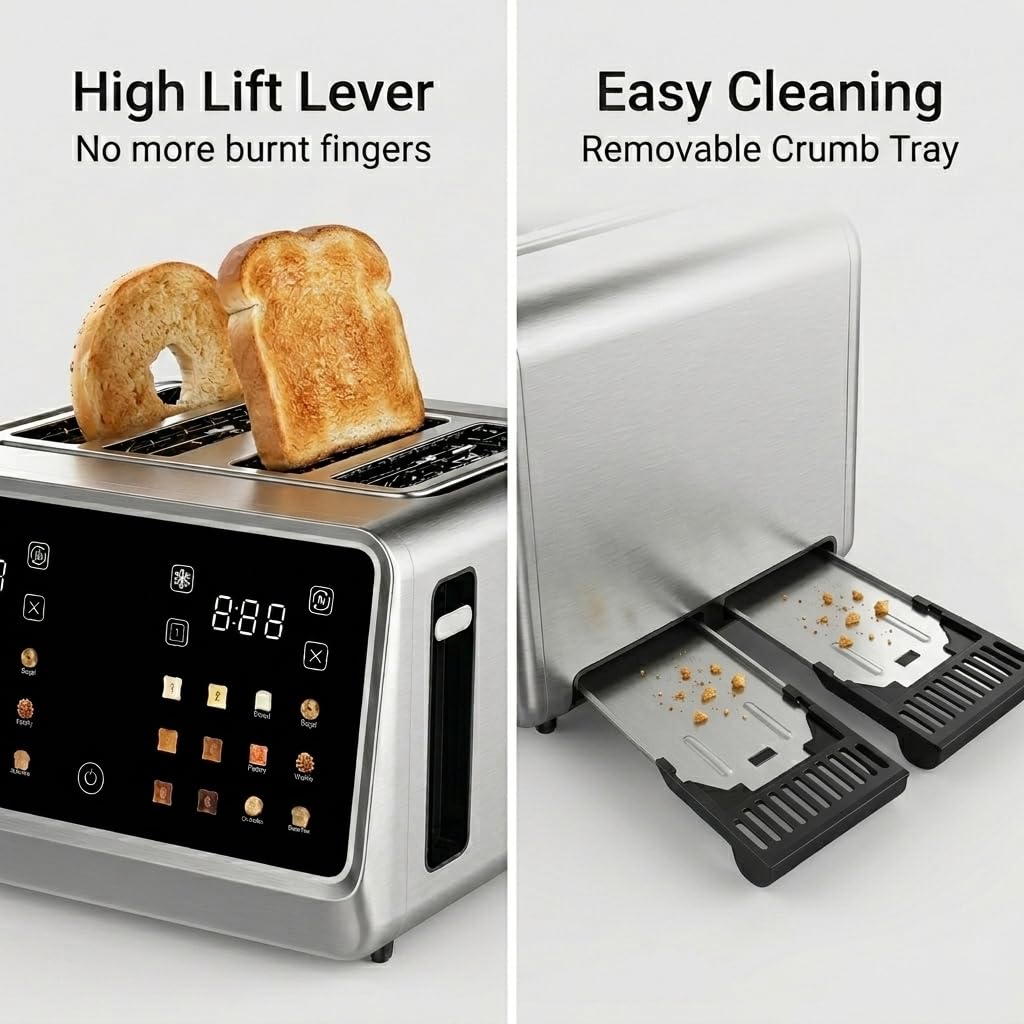 DEAR MORNING 4 Slice Touch Screen Toaster with LCD Display Stainless Steel Digital Toasters 6 Bread Types& 6 Shade Settings Smart Extra Wide Slots Toaster With Bagel Cancel Defrost Reheat Functions