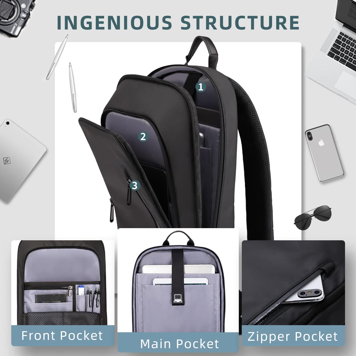 hk Backpack for Men Business Slim Backpack with USB Charger Computer Lightweight Anti-theft Travel Backpacks 15.6 inch Water Resistant Laptop Bag for Work Office College-Black