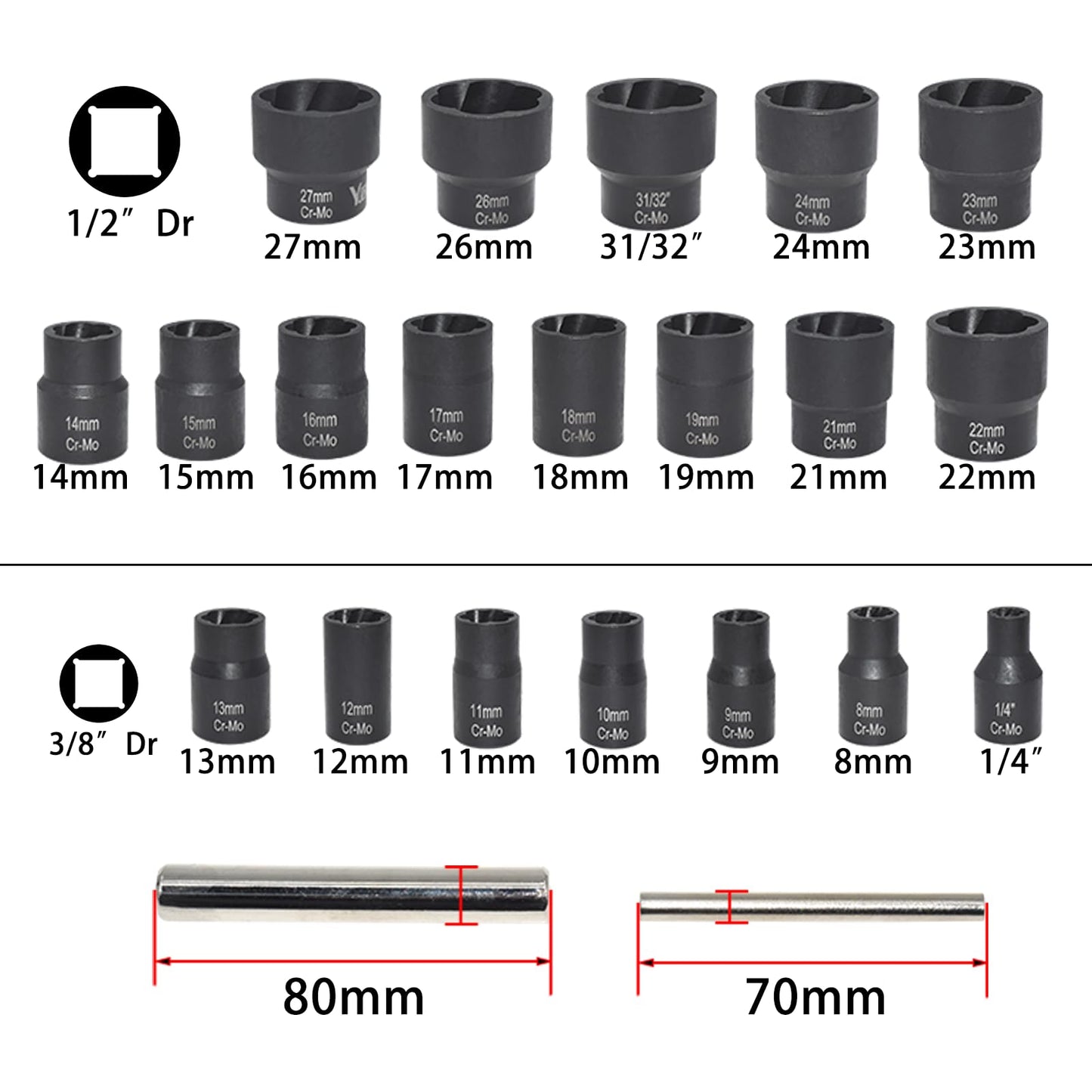 22 Pcs Bolt Nut Extractor Set, Yuesstloo 1/2" and 3/8" Drive Wheel Lock Removal Kit for Extracting Damaged, Stripped Frozen Nuts & Screws Twist Socket Set, Impact Lug Nut Remover Socket Tool