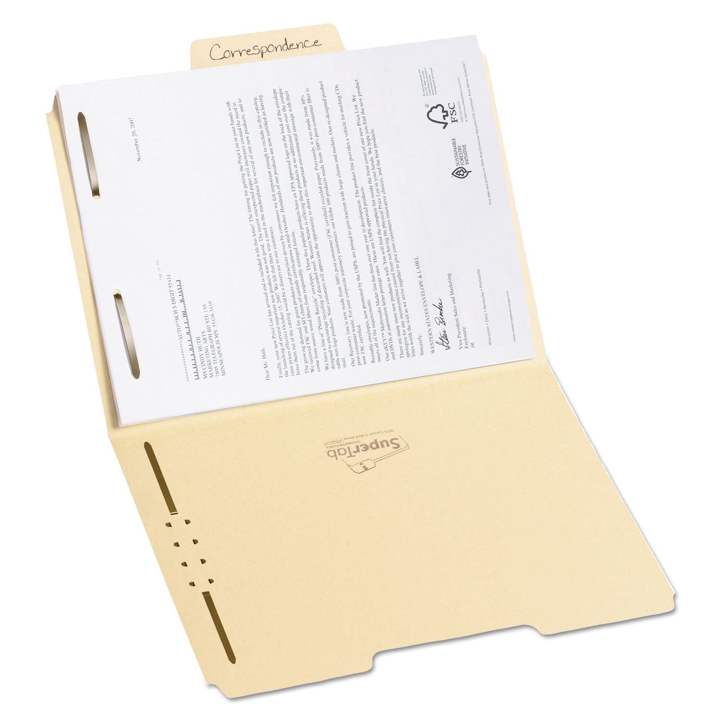 Smead SuperTab® Heavyweight Fastener File Folder, 2 Fasteners, Oversized Reinforced 1/3-Cut Tab, Guide Height, Letter Size, Manila, 50 per Box (14545)