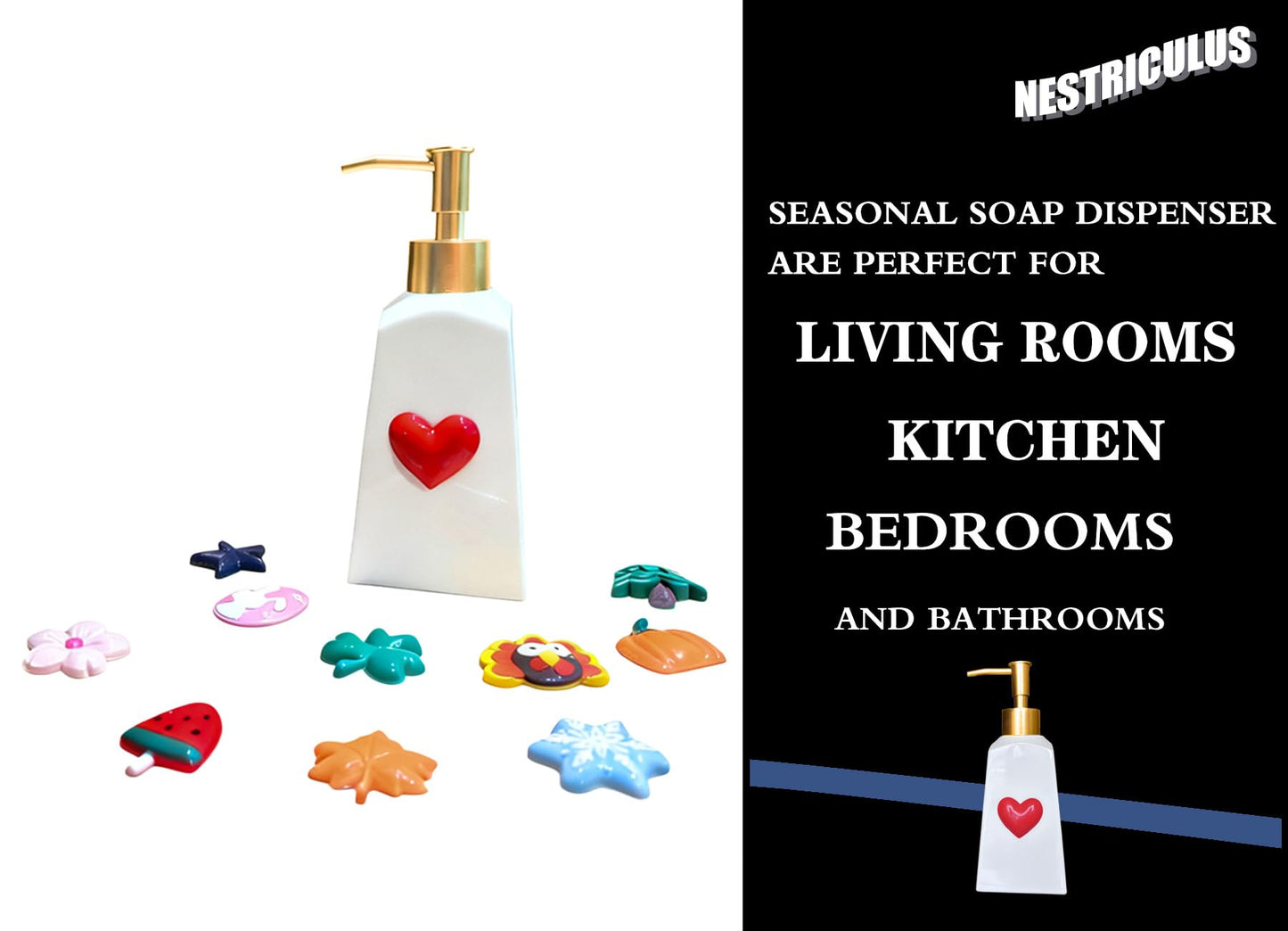 Nestriculus Seasonal Soap Dispenser with 11 Interchangeable Magnets - Seasonal Decor - Farmhouse Bathroom Kitchen Decor (Resin,Built in Magnet) - 8.82oz (Gold)