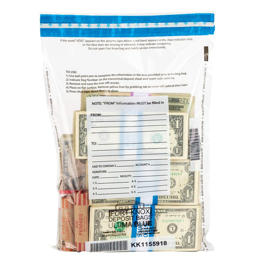 BankSupplies Ultima Blue Clear Deposit Bags | 10W x 14H | Pack of 100 | Transit, Transfer, Valuables | Tamper Evident Tape | Captive Flap Closure | Security Deposit Bag