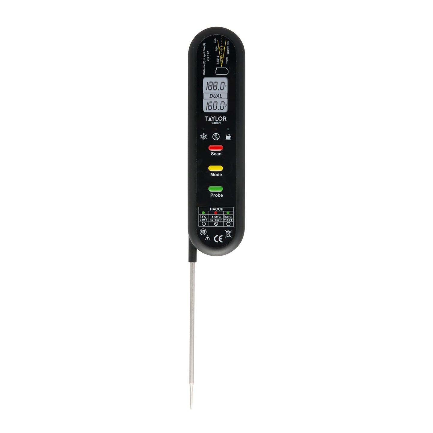 Taylor Dual Temp Infrared Thermocouple Thermometer, Multi-Functional Infrared Mode, Dual Line LCD, HOLD, Min/Max; Step Down Probe, Water Resistant, Black