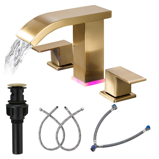 Brushed Gold Waterfall Bathroom faucets, 8 inch Widespread Modern Sink Faucet, Touch on 3 Hole 2 Handle Vanity,Gold Bathroom Sink Faucet with LED