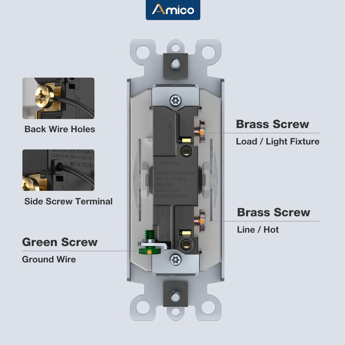 Amico 30 Pack Single Pole Light Switch with Wall Plate, UL Listed, 15A 120/277V, On/Off Rocker Paddle Interrupter Wall Switch, Grounding Screw, Residential Grade, Suitable for Home and Business, White