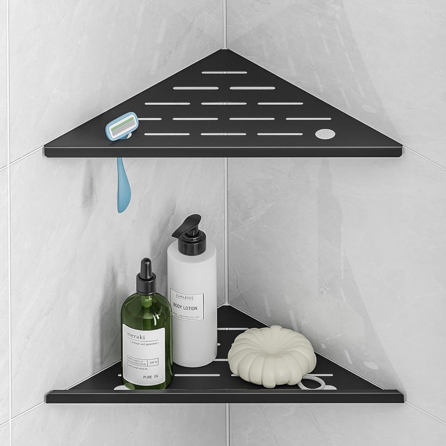 HBXS Corner Shower Shelves with Razor Hole, Modern Sturdy Shower Shelves Corner, 10" 304 Stainless Steel Shower Organizers Corner Shelf for Tile Wall, No Drilling Grout Mount Bathroom Shelf