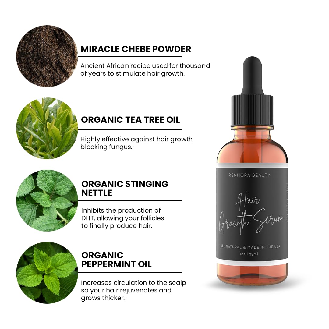 Rennora Hair Growth Serum with Organic Herbs and Natural Vitamins, Peppermint Oil, Stinging Nettle, and Rosemary Oil, No Chemicals, Formulated for Hair Regrowth (1oz per bottle, 4 Pack)