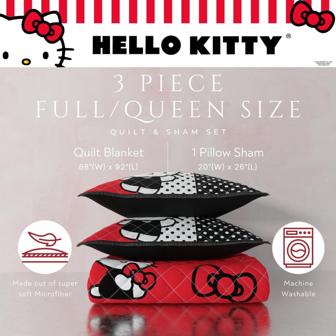 Franco Sanrio Hello Kitty Kids Bedding Super Soft Cozy 3 Piece Full/Queen Coverlet Quilt and Sham Set, (Officially Licensed Product)