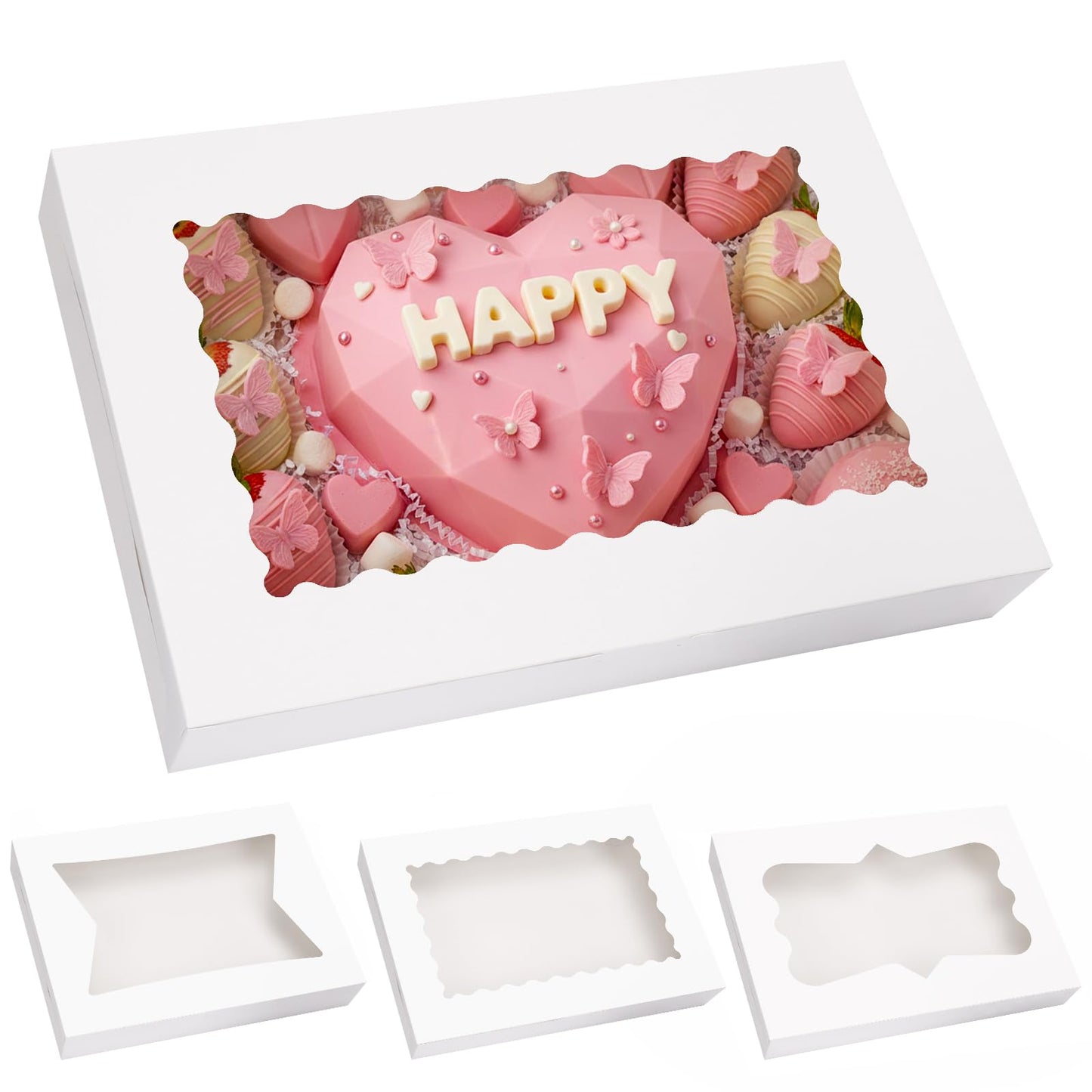 Moretoes 60pcs 16x11x2.5 Inch Cookie Boxes (Not Popup), Bakery Boxes with 3 Style Window for Pastries, Pies, Muffins, Chocolate Covered Strawberries