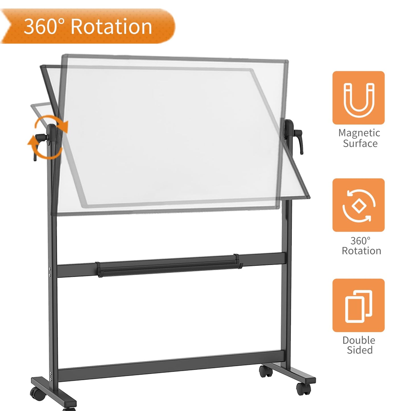 VIZ-PRO Double-Sided Magnetic Mobile Whiteboard, 48 x 36 Inches, Black Aluminium Frame and Stand