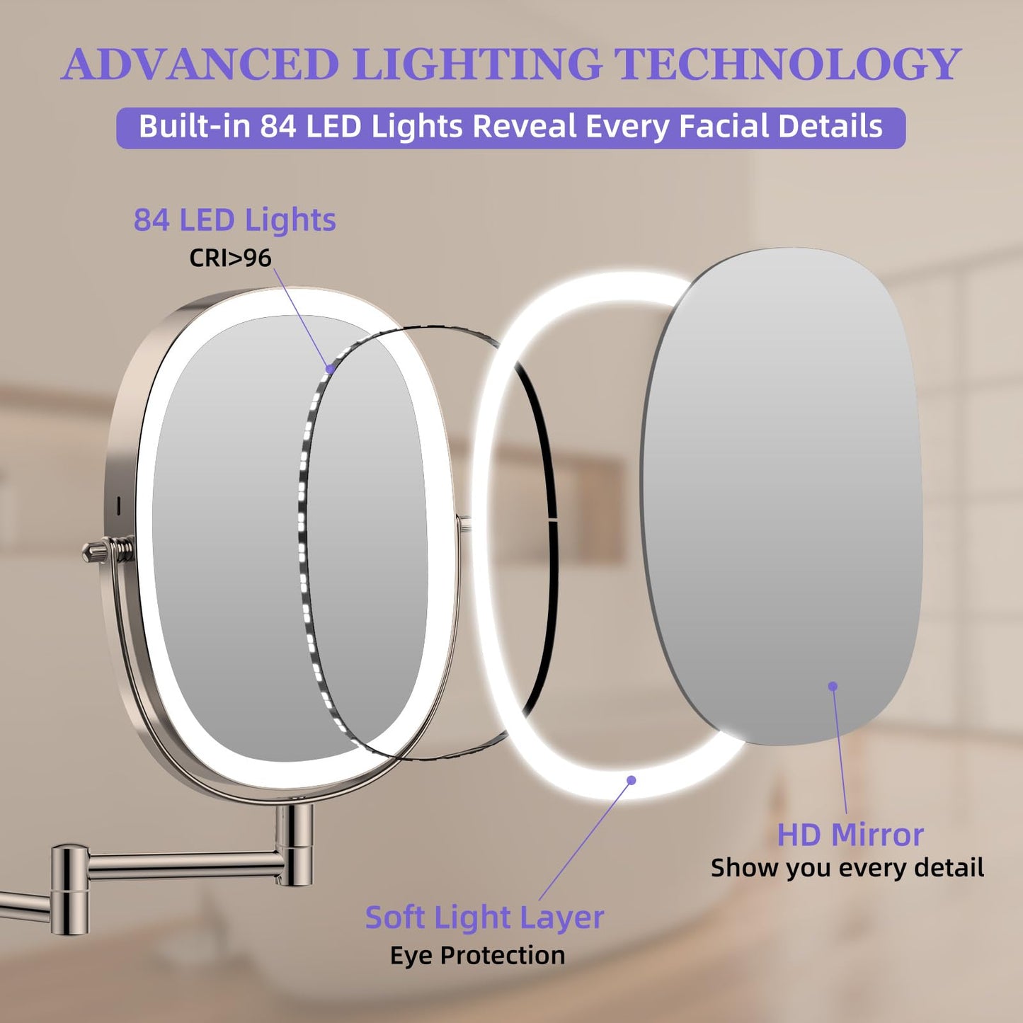 FUNTOUCH 30X/1X Wall Mounted Lighted Makeup Mirror,5000mAh Rechargeable Double Sided Magnifying Bathroom Lighted Mirror, 3 Color Modes Touch Dimmable Extended Arm 360 Rotation, Brush Nickel