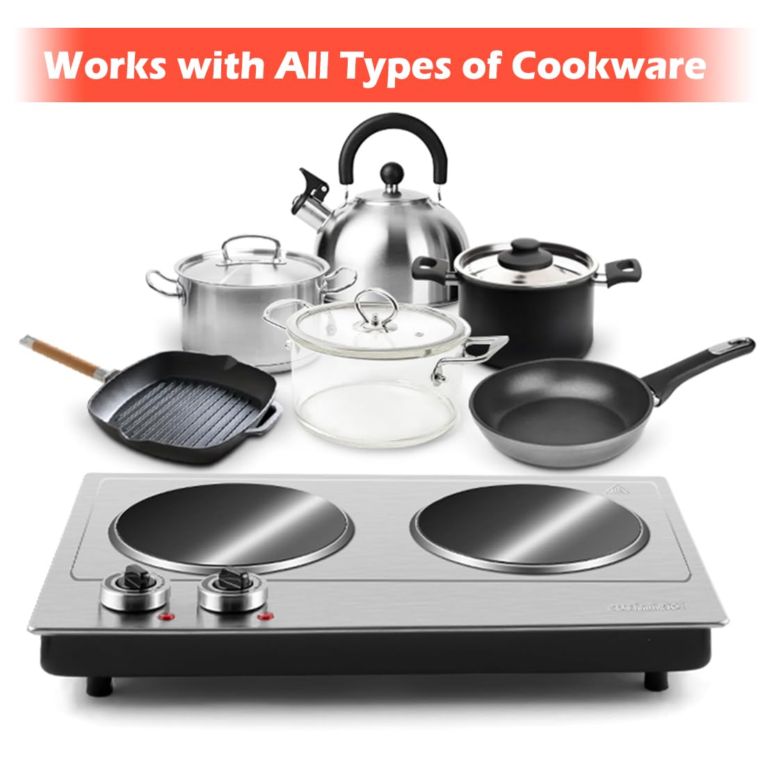 Double Burner, CUSIMAX 1800W Ceramic Electric Hot Plate for Cooking, Dual Control Infrared Cooktop, Portable Countertop Burner, Glass Plate Electric Cooktop, Silver, Stainless Steel-Upgraded Version
