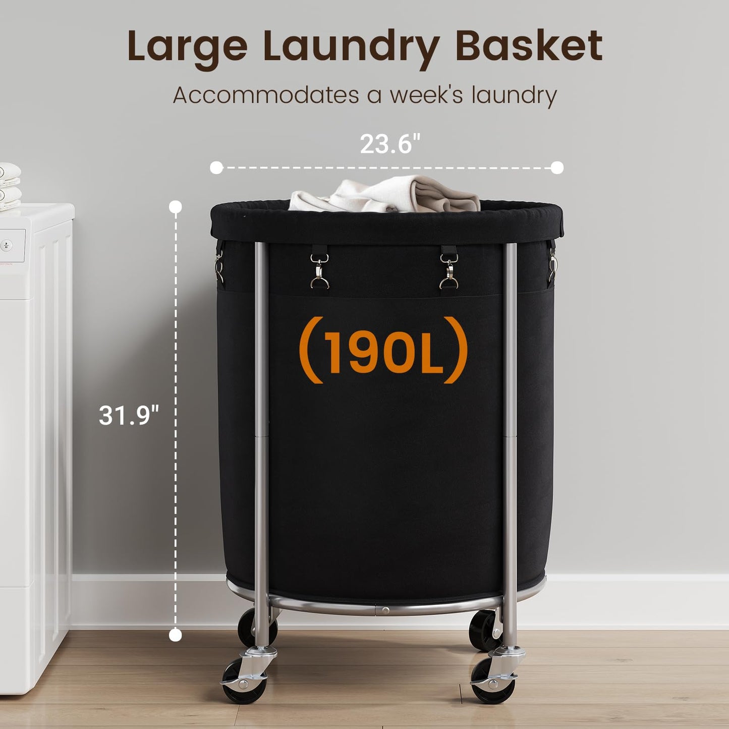 ELYKEN 190L Laundry Basket with Wheels, Large Rolling Laundry Hamper with Removable Liner Bag, Round Rolling Laundry Cart, Dirty Clothes Hamper for Hotel, Home, Closet, Dorm, Black