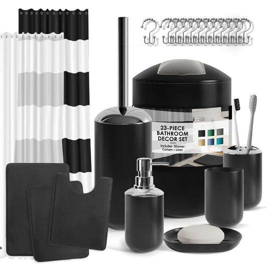 Clara Clark Bathroom Set - Black Bathroom Accessories Set, Bathroom Sets with Shower Curtain and Rugs, 23PC Shower Curtain Set with Liner, Soap Dispenser, Toilet Brush, & Trash Can