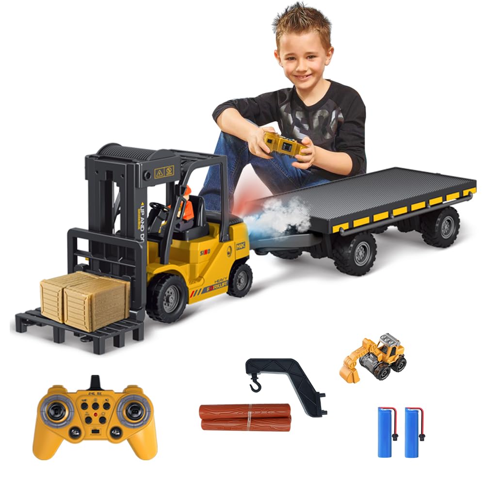 KNACKTOYZ Remote Control Forklift with Flatbed Truck, 11 Channel RC Forklifts with Spray, Cool Lights & Sound, 2 in 1 Lift Fork & Hook, Crane Construction Toys for Boys, Birthday Gift for Kids 3+