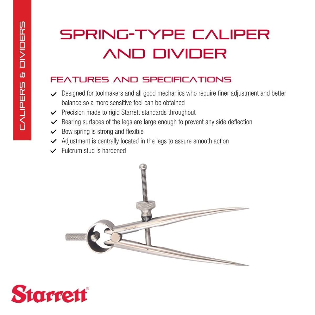 Starrett Toolmakers Spring-Type Caliper and Divider with Bow Spring and Hardened Fulcrum Stud - 3" Size and Capacity, Spring Joint Type - 277-3