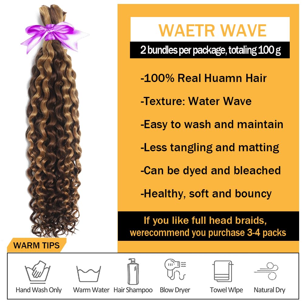 Human Braiding Hair for Boho Knotless Braids Bulk 16Inch Curly Bundles Human Hair for Micro Braiding Wet and Wavy Water Wave No Weft Human Hair Extension for Box Boho Braids 100g with 4/27# 16Iinch