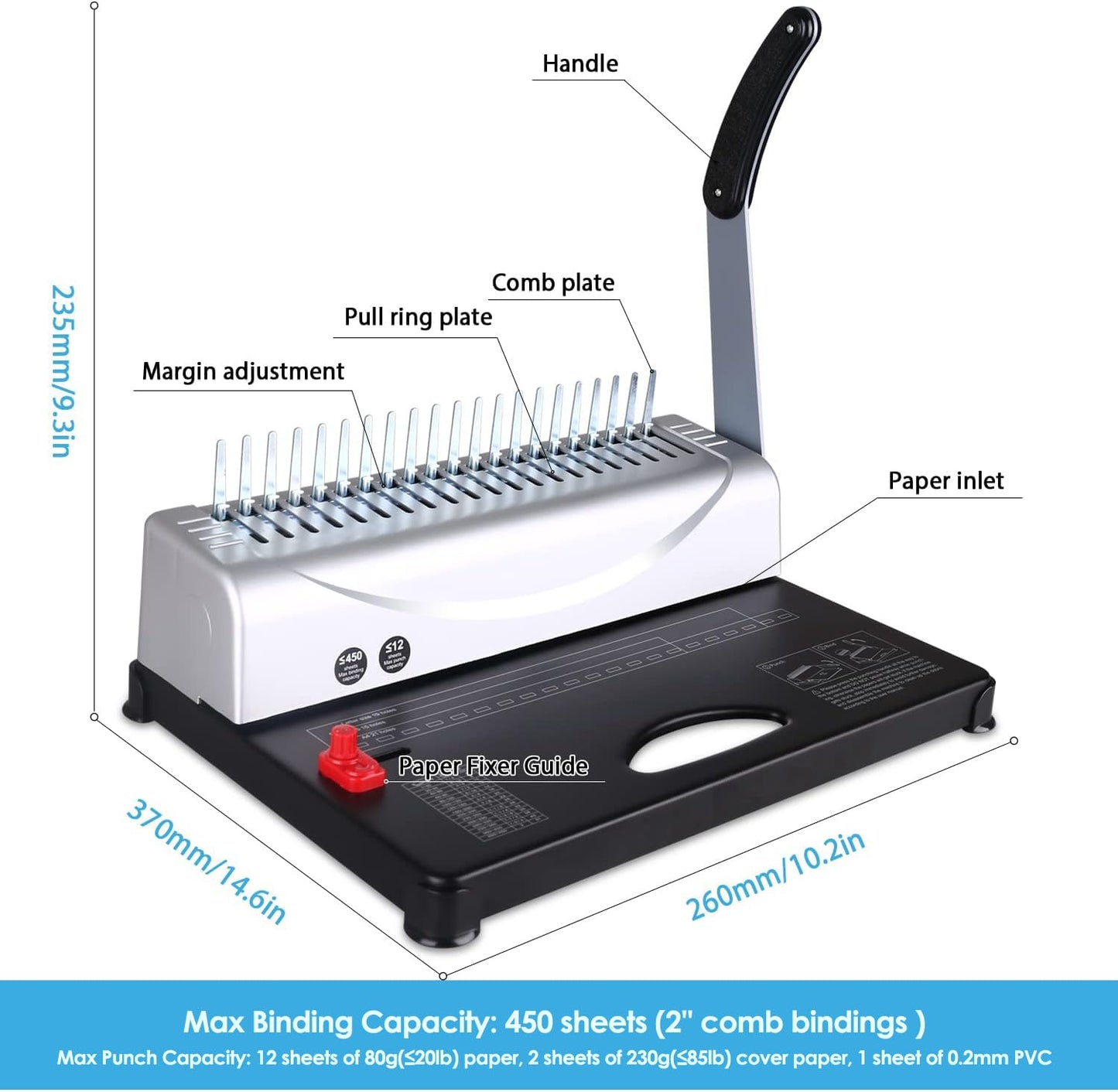 MAKEASY Comb Binding Machine - Punch 12 Sheet, Easy Punch No Jam, Heavy-Duty Metal Build, Book Binder for Office Reports & Home School Projects, Includes 100 Combs, Letter/A4/A5 Compatible