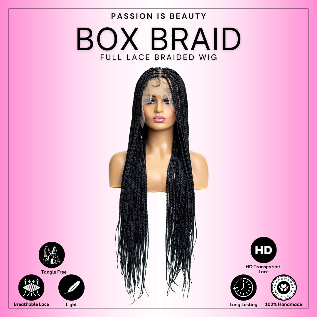 PIB Single Full Lace Knotless Box Braid Wig Square Parted Braided Wigs for Black Women Braid Wig with Natural Baby Hair (#1B Off Black, 32")