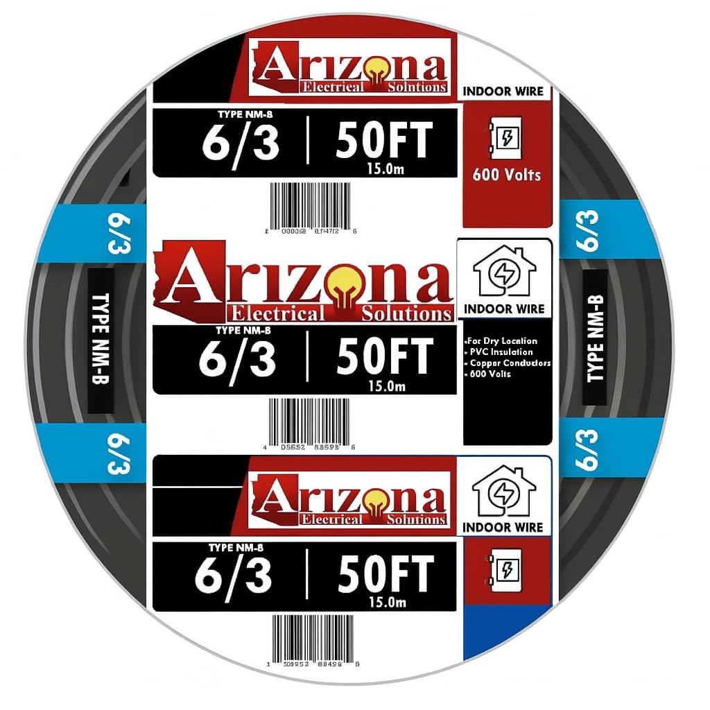 50 FEET 6/3 Type NM-B Copper. #6 AWG, 3 Conductor with Ground. Insulated Jacket Black.