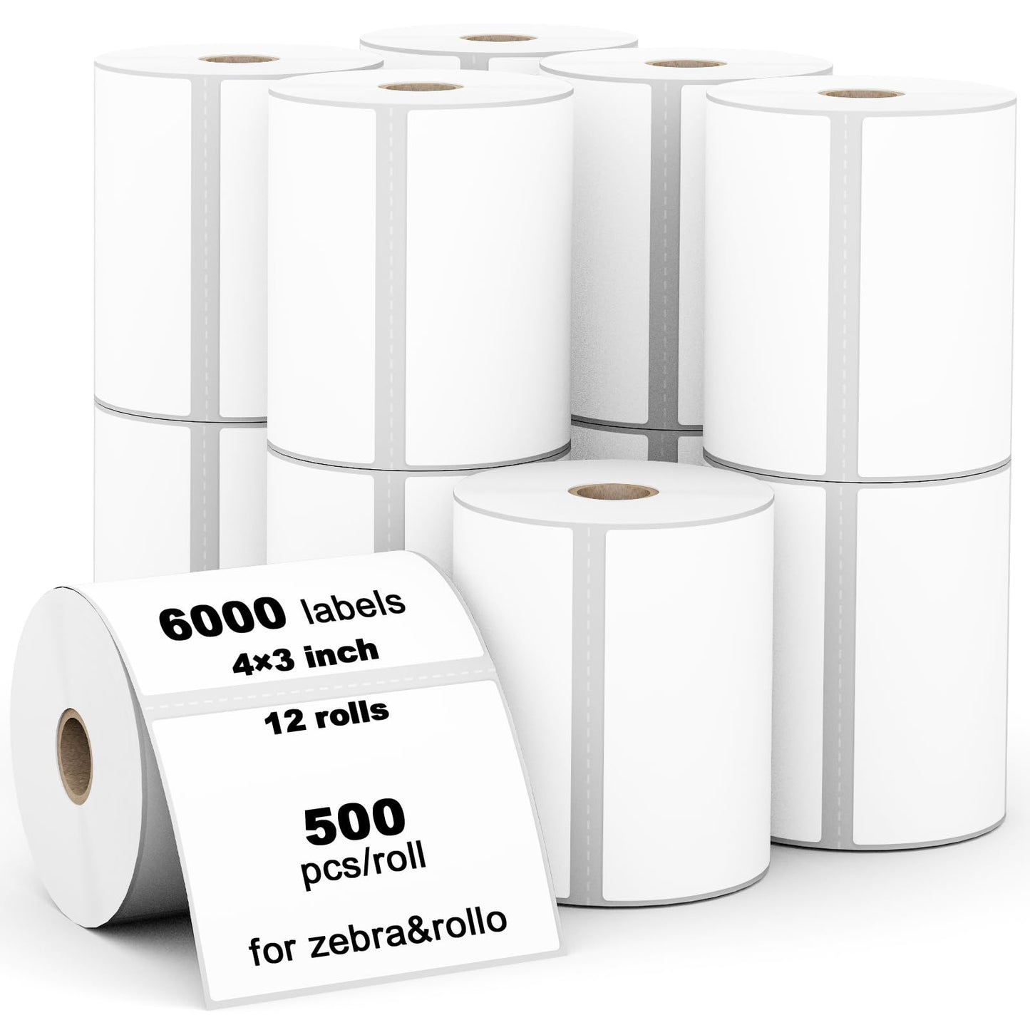 (6000 Labels 3-Proof 1" Core) Labelebal 12 Rolls 4" x 3" Direct Thermal Label (101mm x 76mm) Multipurpose Shipping Address Mailing Barcodes Stickers Compatible for Zebra & Rollo Desktop Label Printer