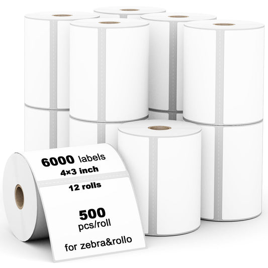 (6000 Labels 3-Proof 1" Core) Labelebal 12 Rolls 4" x 3" Direct Thermal Label (101mm x 76mm) Multipurpose Shipping Address Mailing Barcodes Stickers Compatible for Zebra & Rollo Desktop Label Printer