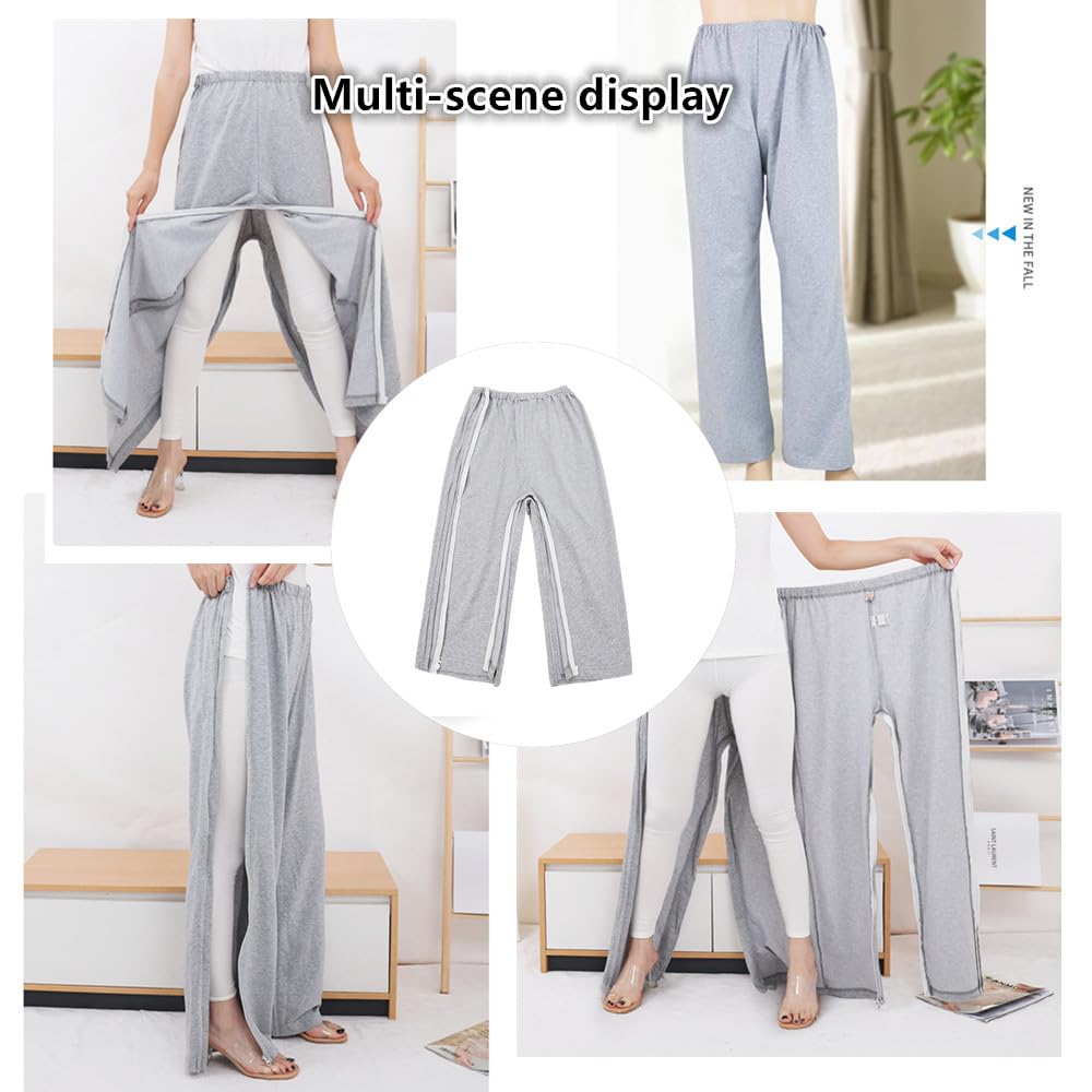 LAROTSUBA Bedridden Patient Clothing,Patient Care Trousers，Full Open Post Surgery Pants,Patient Care Pants for Home Care,Post Surgery,Elderly,Fracture,Rehab(Long,Grey,L), Large, Gray