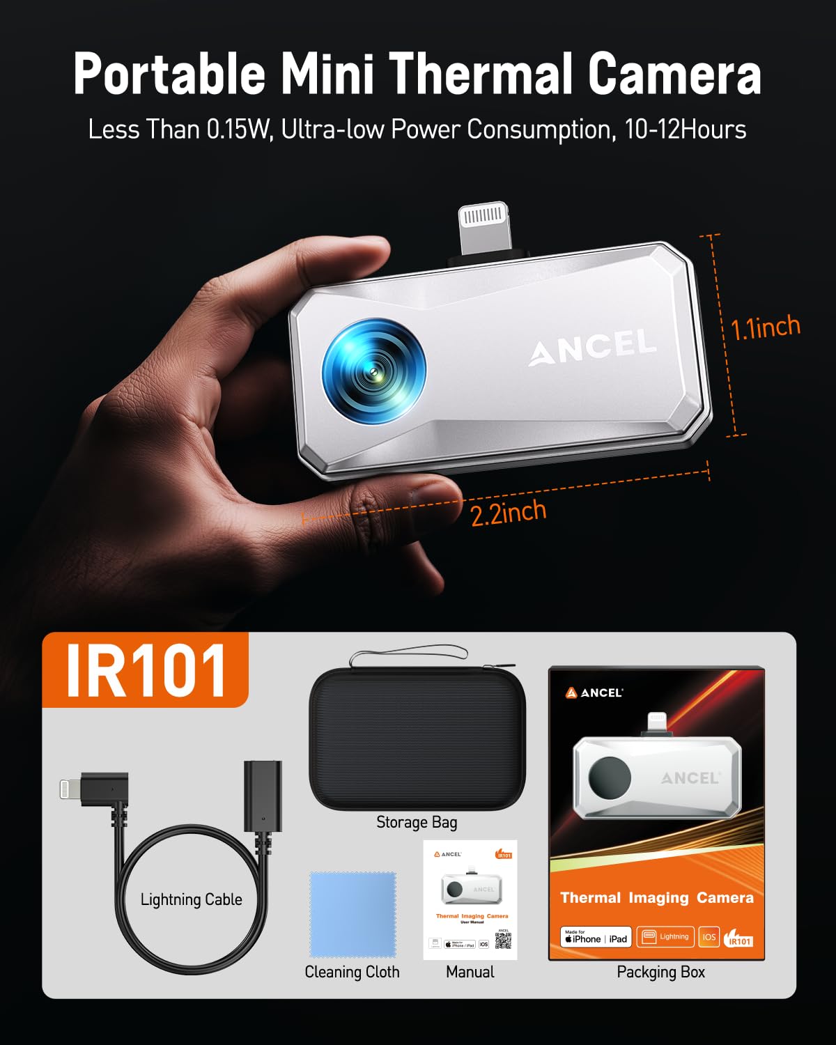 ANCEL IR101 Thermal Camera, 256x192 IR Resolution Thermal Imaging Camera for iPhone iPad (iOS) with Lightning Port, 25Hz Frame Rate Infrared Camera for Home/Pets/Electrical/Industrial/PCB Inspection