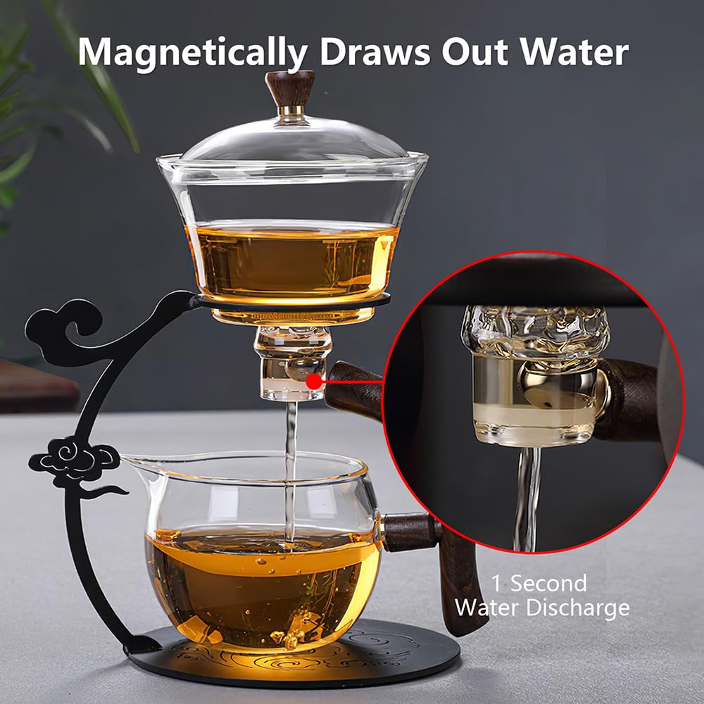 Lazy Kungfu Drip TeaPot, Heat Resistant Tea Set, Semi-Automatic Glass Teapot Suit for Magnetic Water Flow Wooden Glass Teapot Set (Metal handle+glass body)