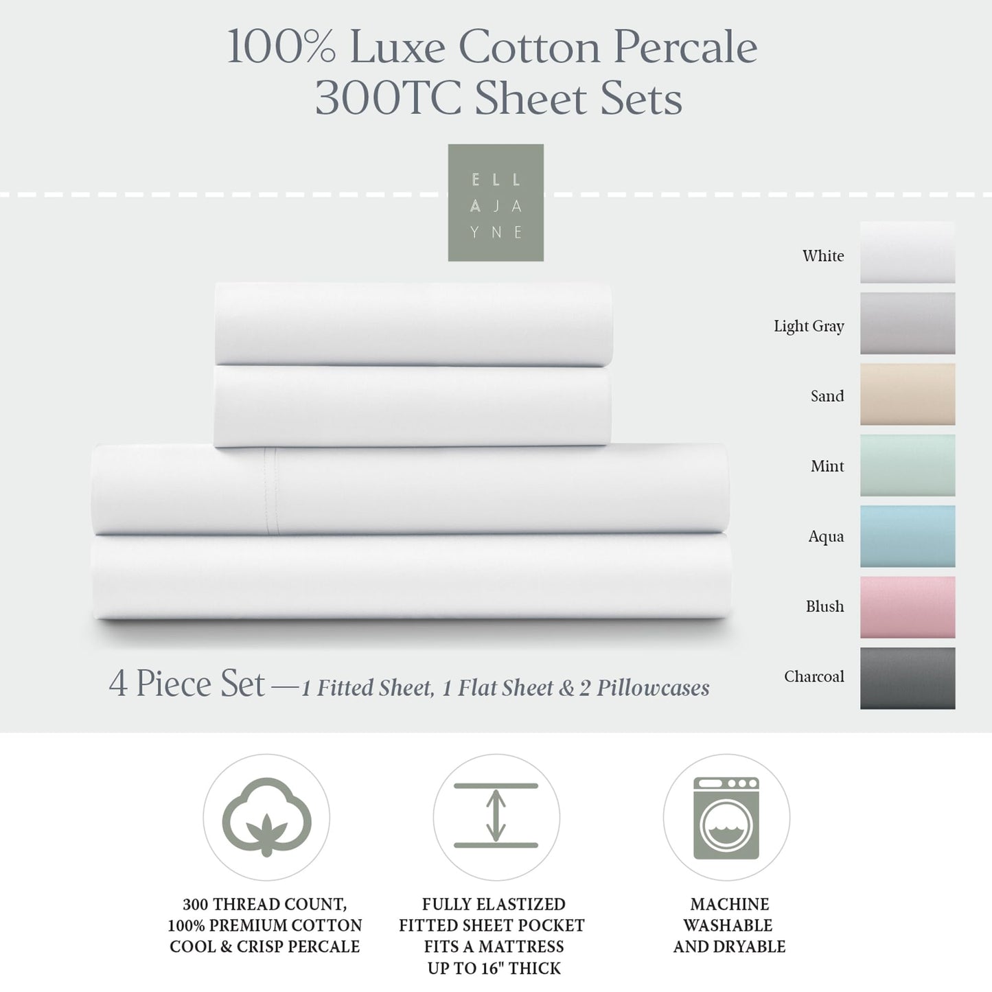 Ella Jayne Percale Sheets Queen (4 Pieces), Permium 100% Cotton Percale TC300, Hotel Luxury Collection, Deep Pockets and Cooling Percale Sheets (White)
