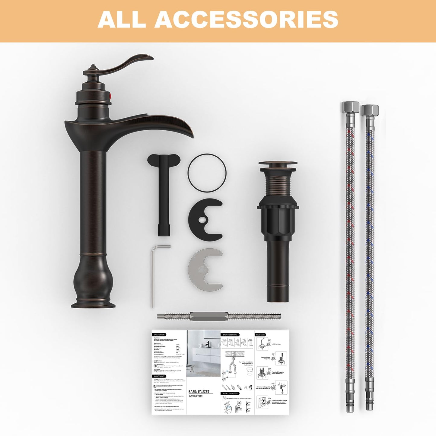 BWE Vessel Sink Faucet Oil Rubbed Bronze Bathroom Faucet with Pop Up Drain Assembly and Supply Hose Single-Handle Single Hole Tall Bathroom Faucet Vanity Lavatory Mixer Tap Tall Body