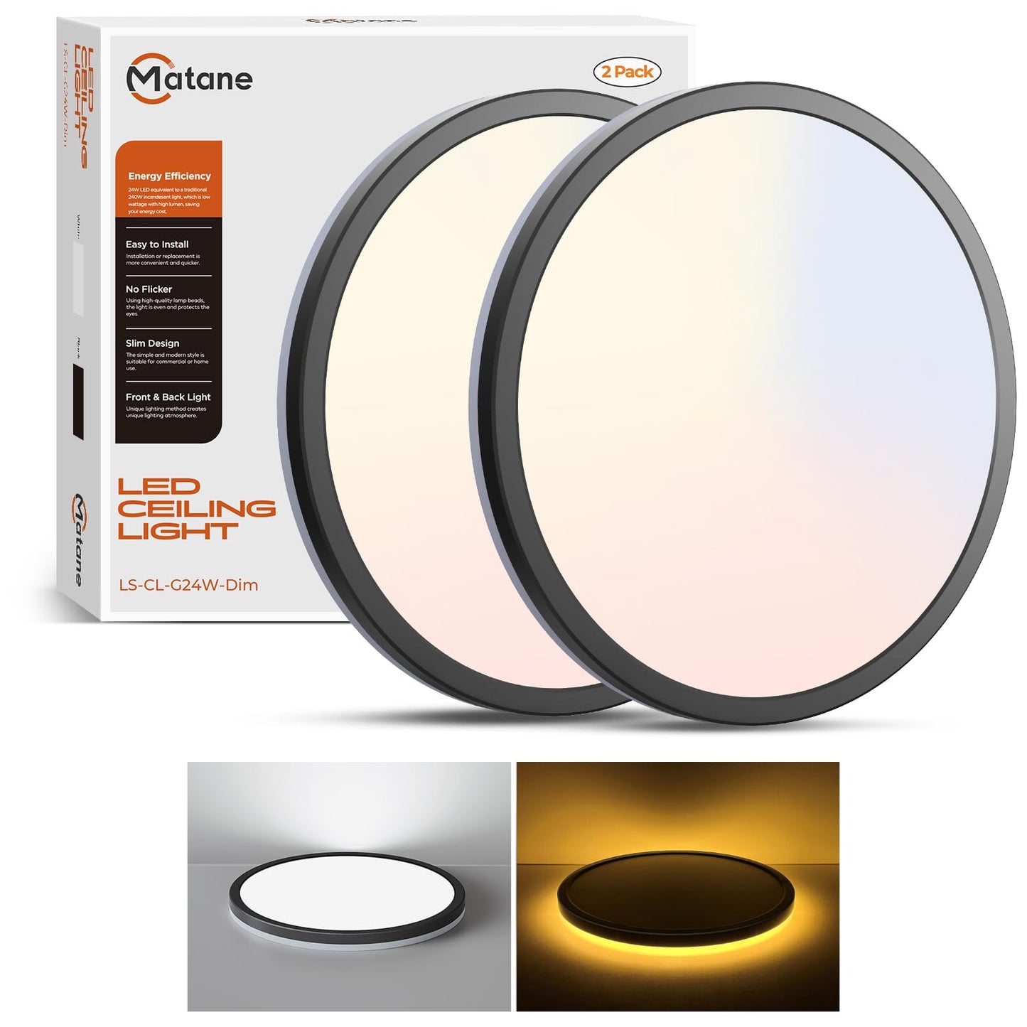 Matane 2Pack LED Flush Mount Ceiling Lights with Night Light, 12inch 24W Dimmable Ceiling Light Fixture 3000K/4000K/5000K Selectable, Black Flushmount Light for Bedroom, Kitchen, Laundry Room