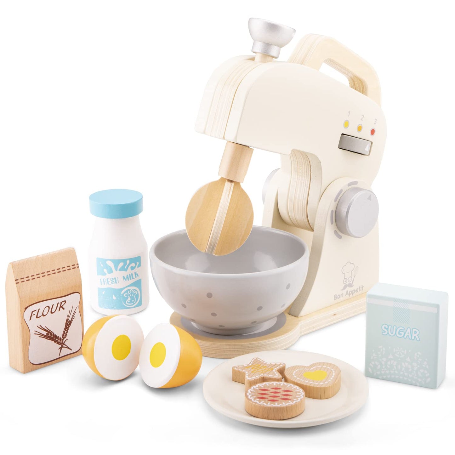 New Classic Toys Wooden Mixer Set Pretend Play Toy for Kids Cooking Simulation Educational Toys and Color Perception Toy for Preschool Age Toddlers Boys Girls , Red,White
