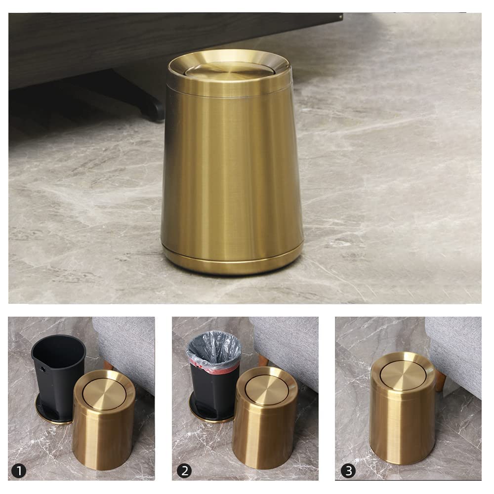 LEASYLIFE 10 L/3 Gallen,Gold Small Trash Can for Bathroom,Brushed Stainless Steel Garbage Can with Flipping Lid,for Bathroom,Living Room,Bedroom,Hotel,Conference Room(Gold)