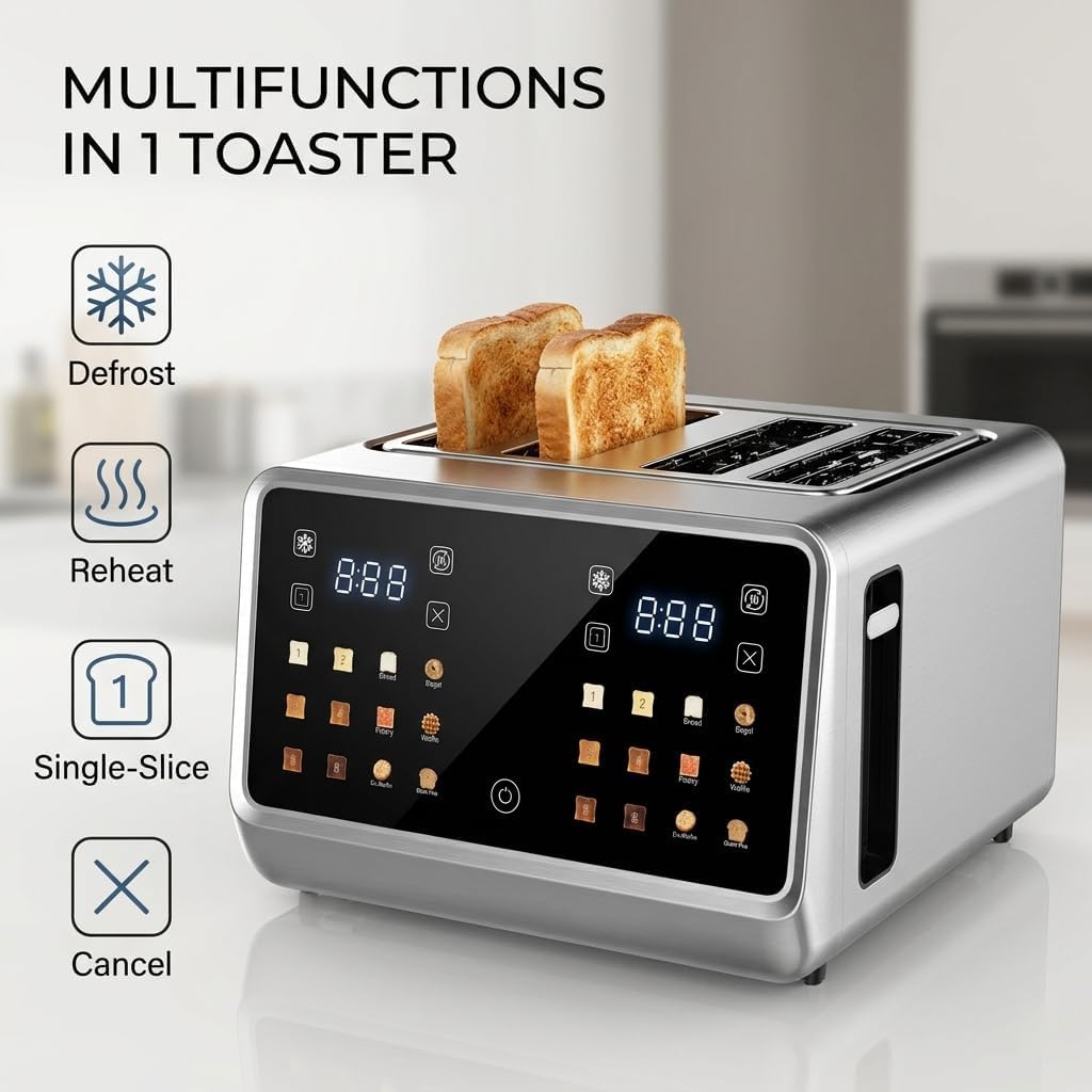 DEAR MORNING 4 Slice Touch Screen Toaster with LCD Display Stainless Steel Digital Toasters 6 Bread Types& 6 Shade Settings Smart Extra Wide Slots Toaster With Bagel Cancel Defrost Reheat Functions