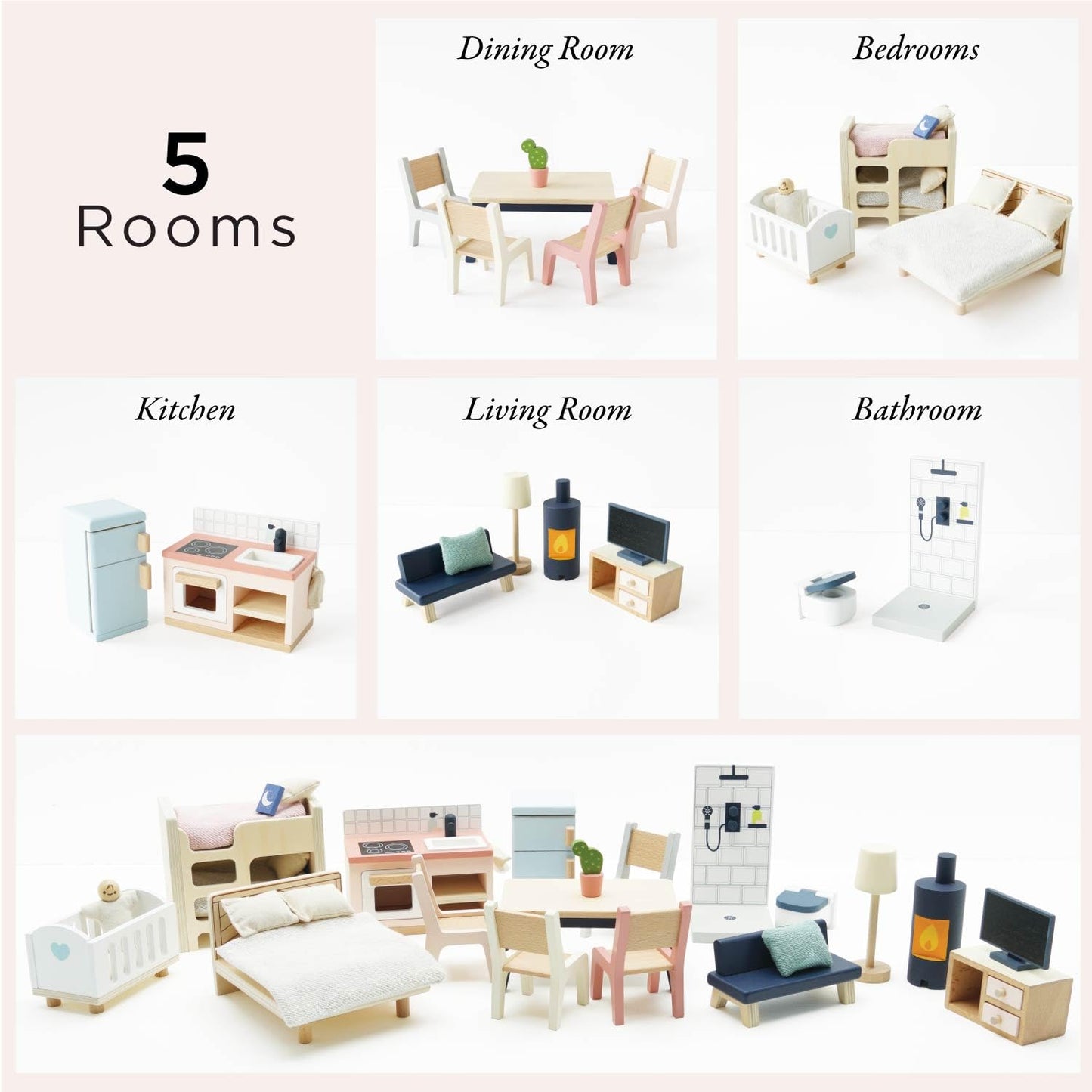 Le Toy Van - Wooden Dolls House Full Starter Furniture & Accessories Play Set for Dolls Houses | Girls or Boys Dolls House Furniture Sets - Suitable for Ages 3+