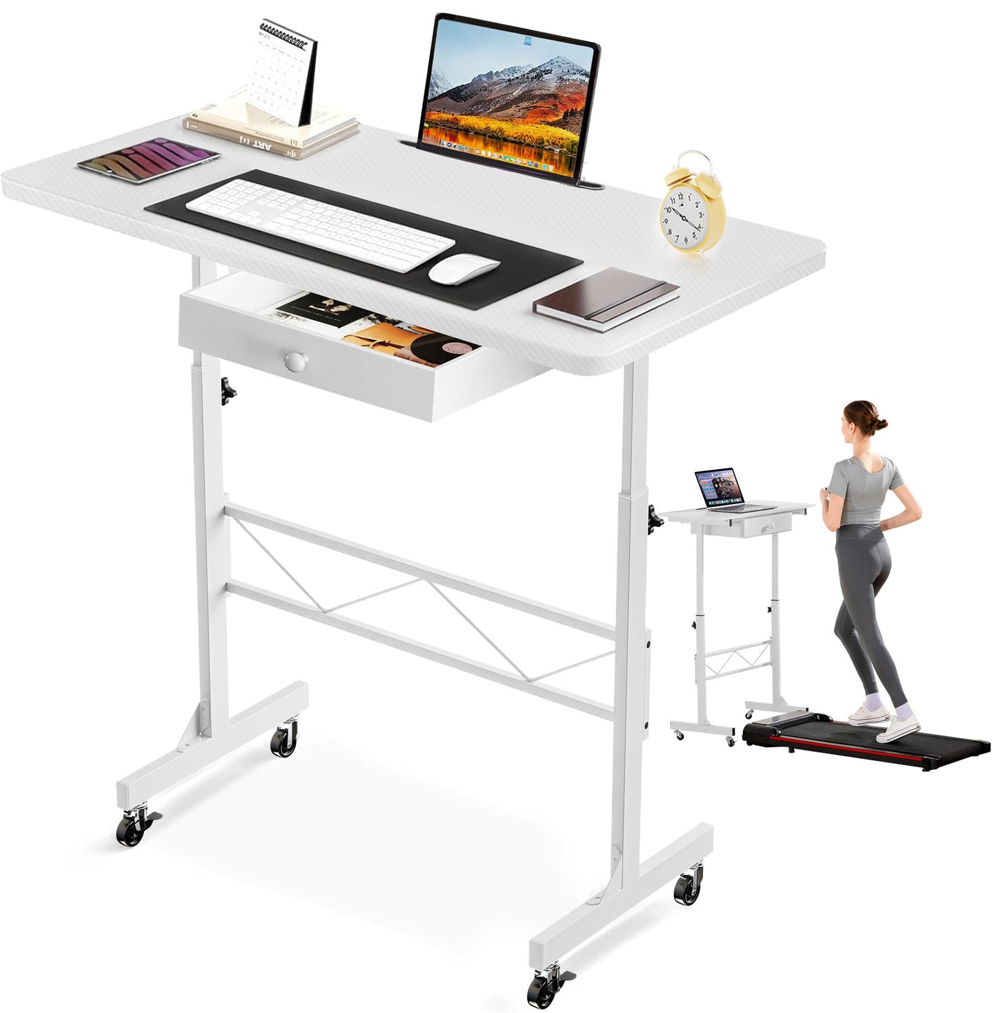 GTPLAYER Small Standing Desk Adjustable Height Small Computer Desk Mobile Portable Rolling Laptop Table with Wheels 32" Computer Workstation Sit Stand Desks Portable Standing Table Treadmill desks