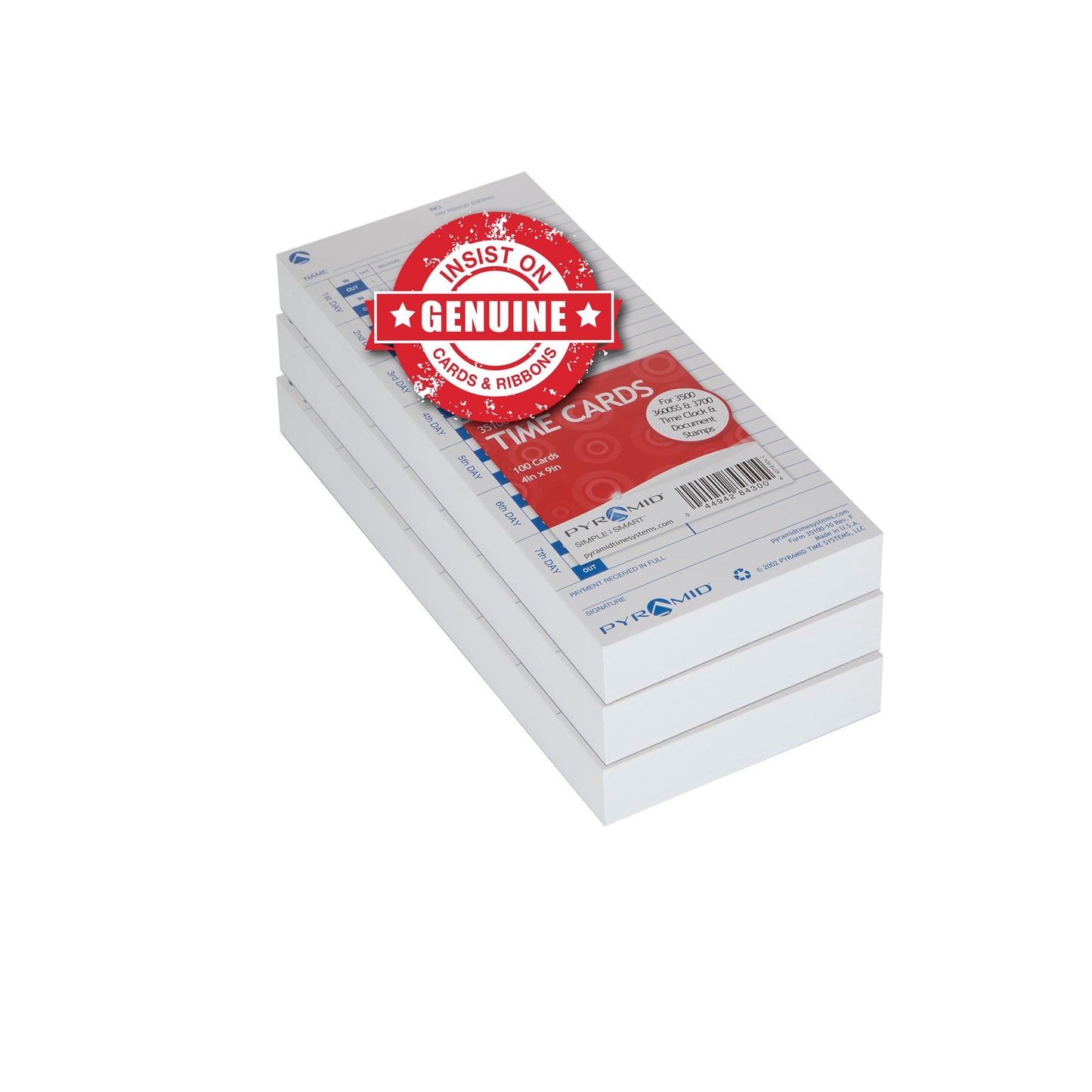 Pyramid Time Systems - 30% Recycled Time Cards (35100-10PK3) for Pyramid Models 3500, 3500ss, 3600SS &3700ss Time Clock and Document Stamp, Single Sided Time Sheets (4 X 9 Inches) - 300 Time Cards