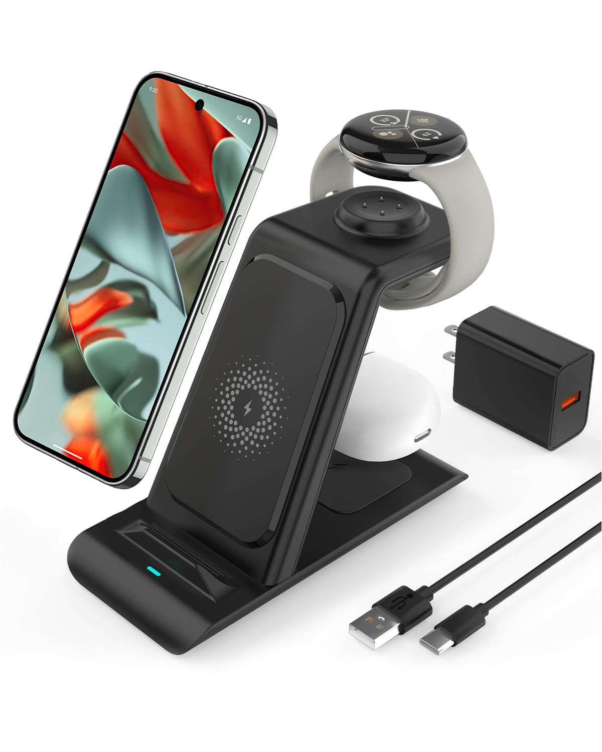 Upgraded 3 in 1 Wireless Charger Compatible with Google Pixel Watch 3/2, Pixel 9 Pro XL/9/Fold/8/7/7A/6 Pro, Pixel Buds Pro/2, Wireless Charging Station for Multiple Devices (Not for Pixel Watch 1)