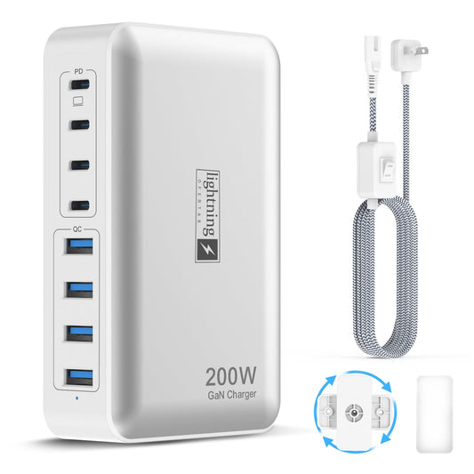 200W Charging Station for Multiple Devices, 8-Port USB C Charger Block Fast Charging, 65W Type C GaN Power Adapter for Cellphones, Tablets, Laptops, Multi Chargers USB Hub Flat Plug