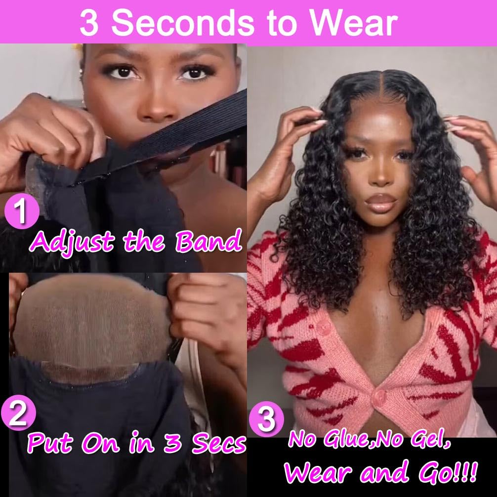 Wear and Go Glueless Wigs Human Hair Pre Plucked Pre Cut 4x4 Lace Front Wigs for Black Women Glueless Water Wave 180 Density Curly Bob Wig Human Hair for Beginners(16 Inch)