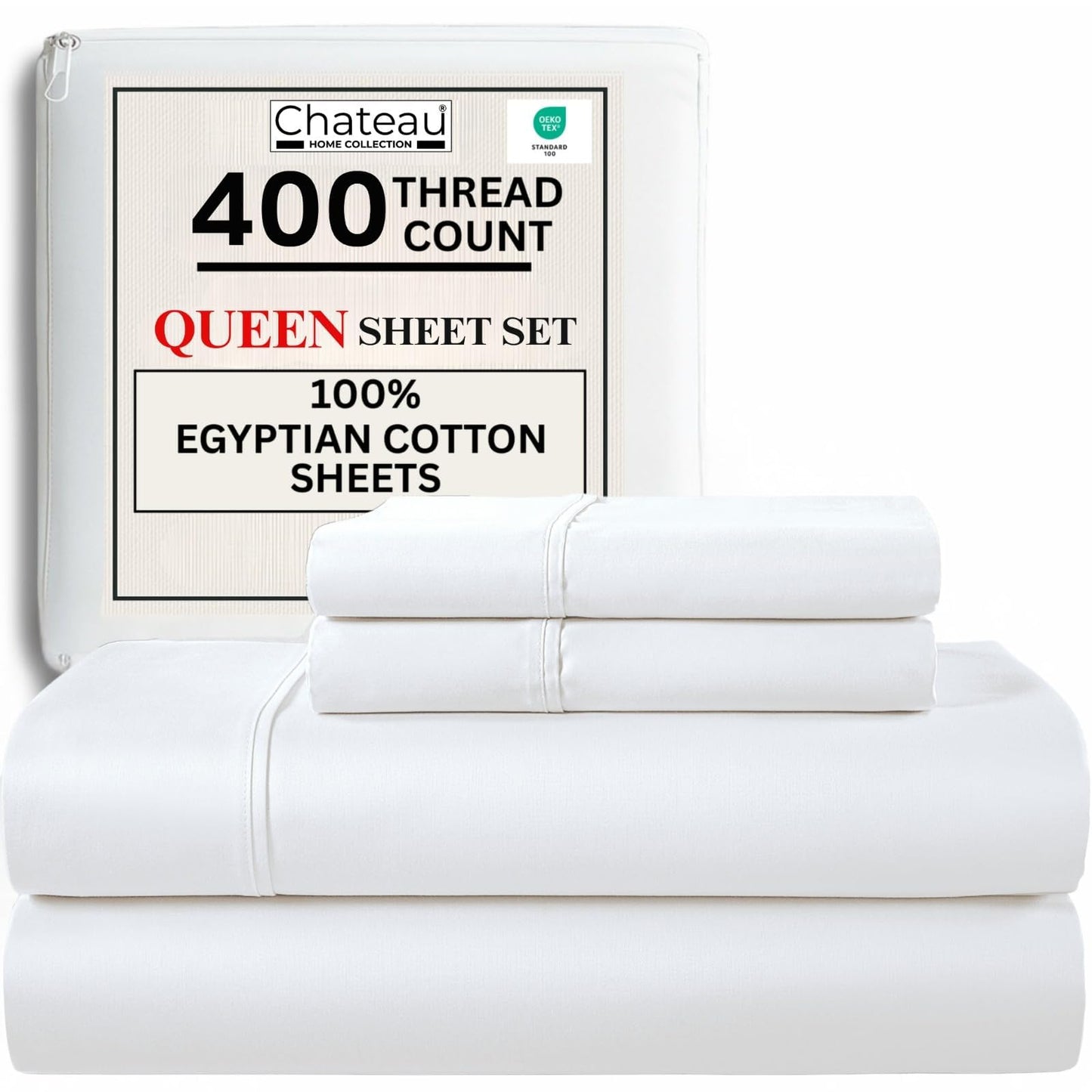 CHATEAU HOME COLLECTION Egyptian Cotton Sheets Queen Size Bed Set, 400 Thread Count Queen Sheet Set, Luxury Sateen Weave Bed Sheets with 15" Deep Pocket, Soft & Naturally Cooling White Bedding
