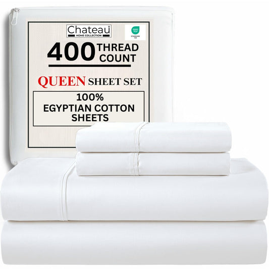 CHATEAU HOME COLLECTION Egyptian Cotton Sheets Queen Size Bed Set, 400 Thread Count Queen Sheet Set, Luxury Sateen Weave Bed Sheets with 15" Deep Pocket, Soft & Naturally Cooling White Bedding