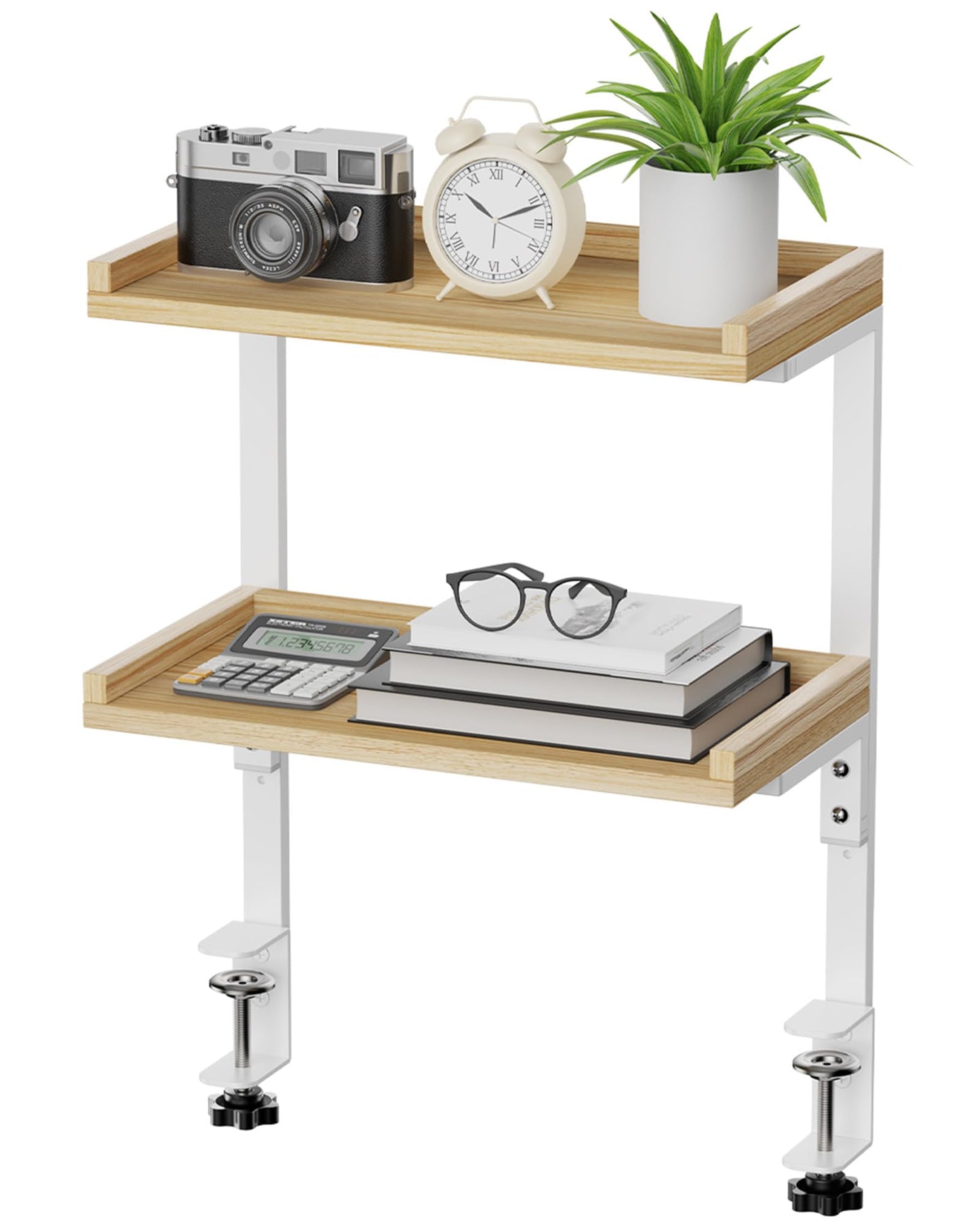 ART-GIFTREE Clamp On Desk Shelf 2-Tier, 12.5 inch Wood Shelving Unit for Office Desk/Gaming Accessories, Tabletop Book Storage Rack, Shelf for Top & Under of Desk, Natural