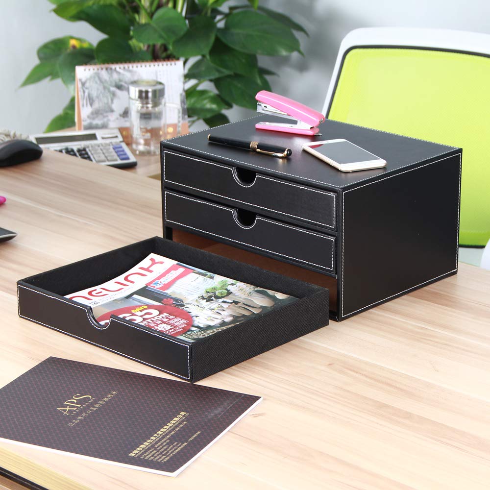 RHCSZ High-end PU Leather Desk Organizer File Cabinet Executive Office Supplies Desktop Filing A4 File Cabinet Stackable Storage Organizer Box with 3 Drawers (Black)…