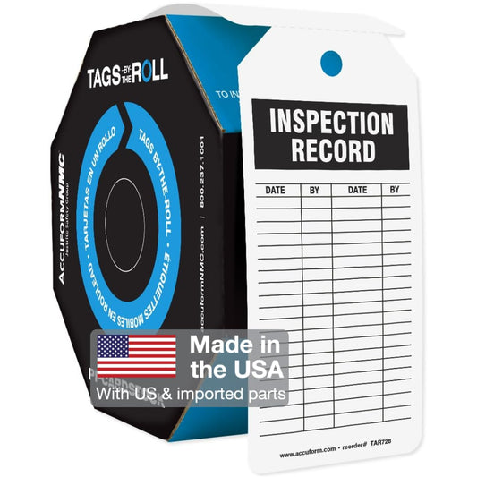 Accuform 250 Inspection and Status Record Tags by-The-Roll, Inspection Record, US Made OSHA Compliant Tags, Waterproof PF-Cardstock, Resists Tears, 6.25"x3", TAR728