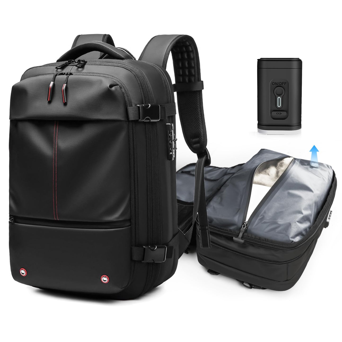 Kuvictewl 60L Expandable Vacuum Backpack with Pump - Black, Travel, Business Trip, Weekender, Short Travel, Hiking, Camping, Trekking, Daily Use, Leisure, Outdoors