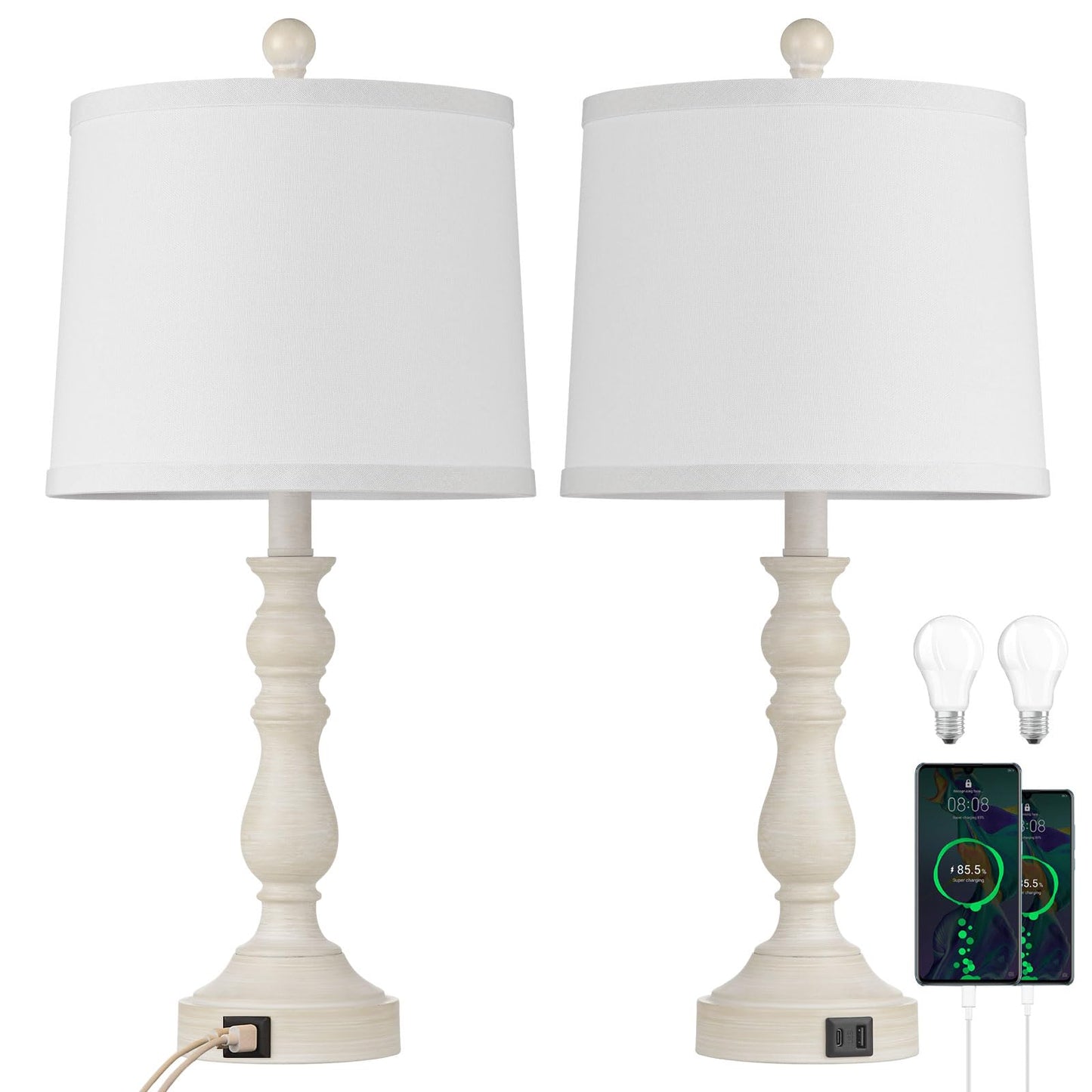 Leasgy 23'' Farmhouse Table Lamps for Living Room Set of 2 with USB C+A Ports, Retro Bedside Lamp for Bedroom, Office, Dining Room, Knob Switch, 3 Color Temperatures, Bulb Included, Beige