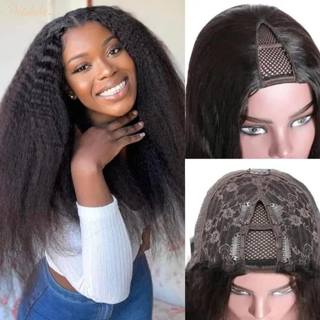 Nadula V Part Kinky Straight Wig Human Hair Glueless No Leave Out Upgraded U Part Wigs for Women,Yaki Straight V-part Wigs V Shape Clip in Half Wig No Glue Wear and Go 150% Density 20inch